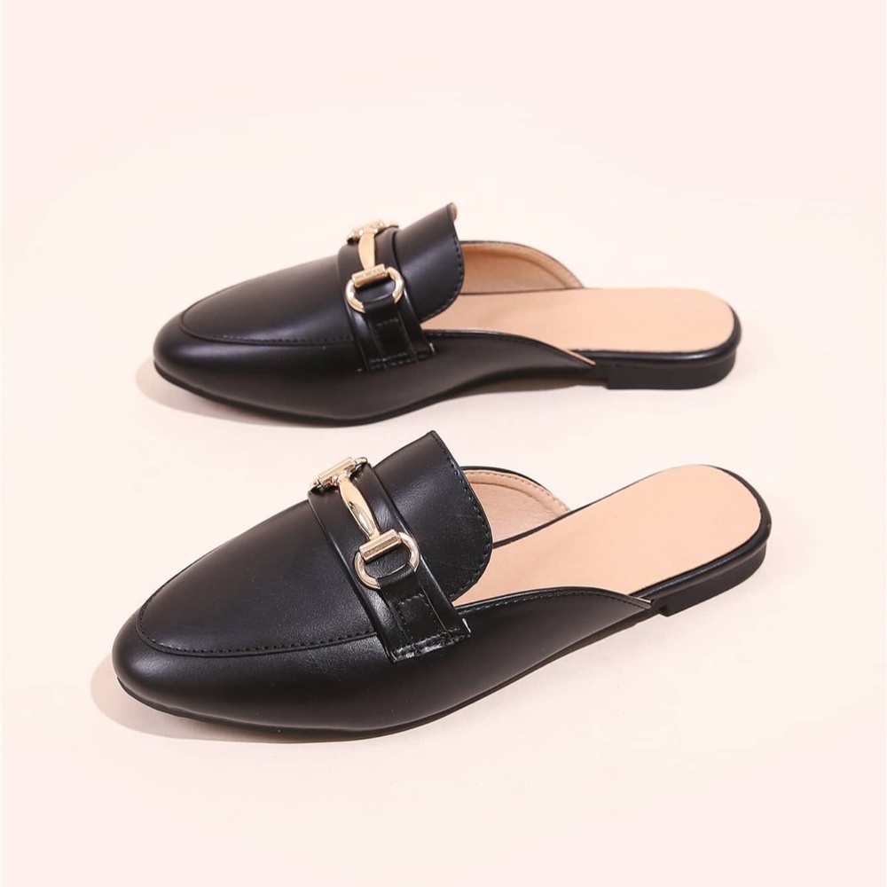 BLACK "LEATHER" MULES FLATS with GOLD "HORSEBIT" detail SIZE 9.5